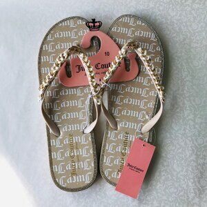 Juicy Couture Beige Tan Brown Flip Flops Gold Crown Women Shoes Size 10  NWT